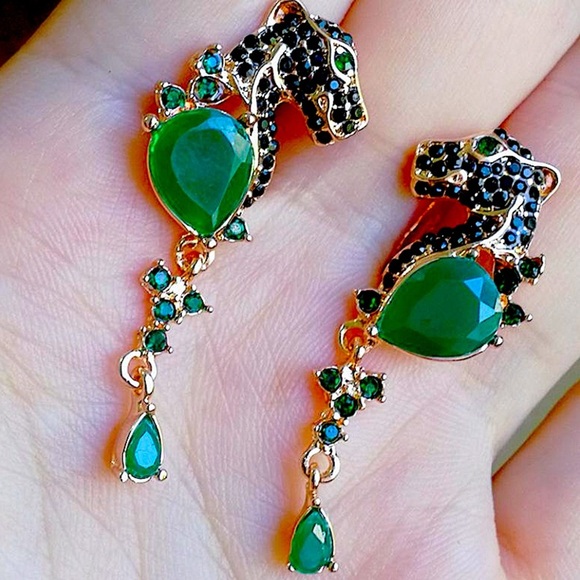 Leopard Emerald Black Onyx Marquis Ring Earrings Matching Set - Picture 2 of 5